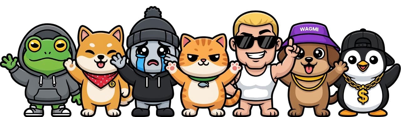 Meme coin mascots waving