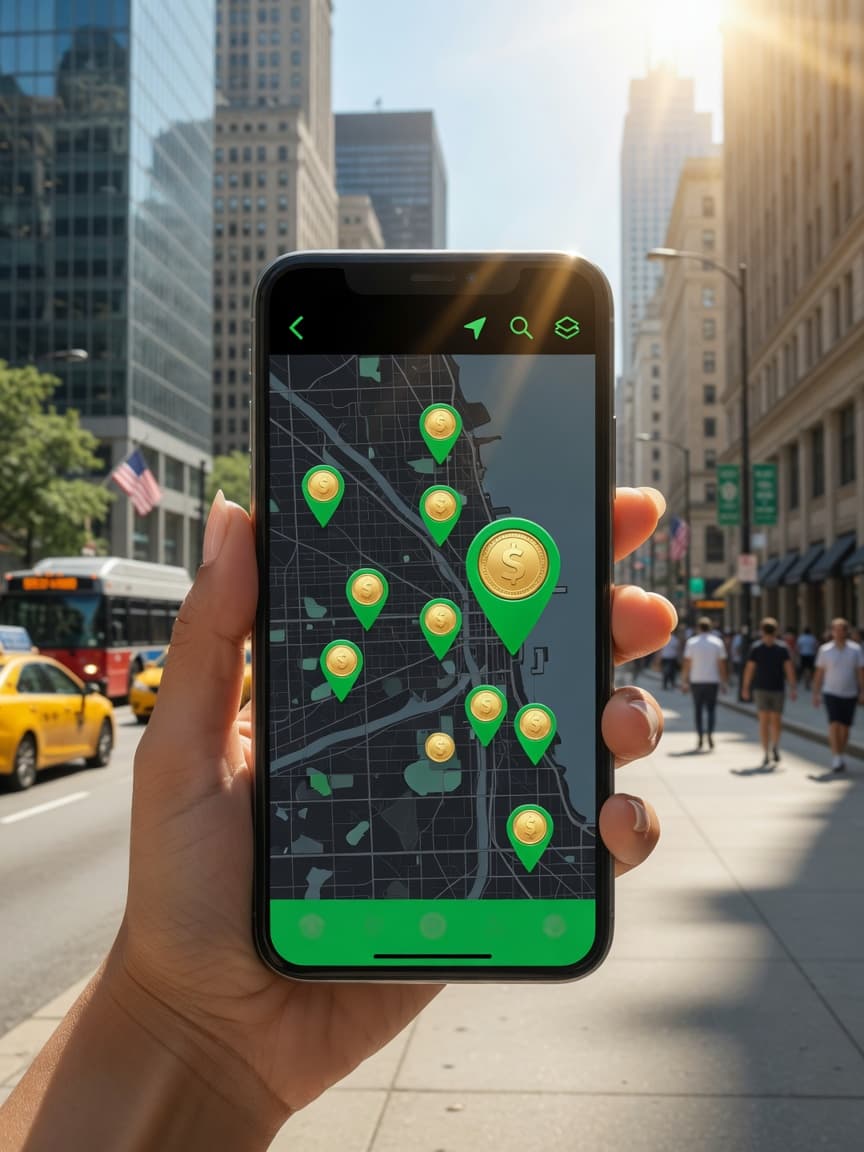MEMEGO map on a phone in downtown Chicago